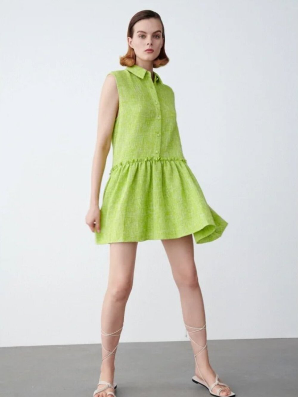 ZARA Green Tweed Sleeveless Button Down Collared Mini Dress - XL